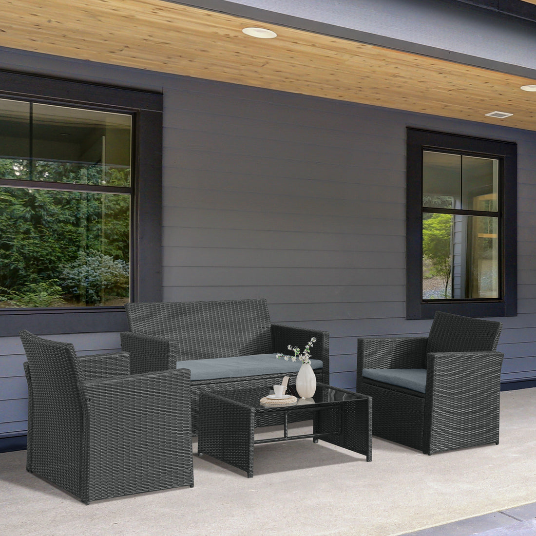 4 Pieces PE Rattan Garden Sofa Set with Cushions, Outdoor Patio Wicker Weave Conservatory Furniture Set with a Loveseat, 2 Armchairs and a Glass Top Coffee Table, Black