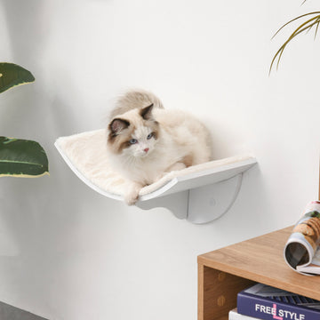 Wood Cat Shelves, Wall-Mounted Cat Shelter, Curved Kitten Bed Perch Climber Furniture 41 x 28 x 21cm White