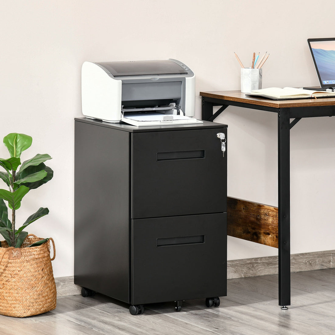 Metal Mobile File Cabinet with Wheels, Lockable 2 Drawer Filing Cabinet for A4, Legal, Letter, Compact Under Desk Storage Unit with Pre-Assembled Body for Home Office, 39 x 48 x 67cm, White