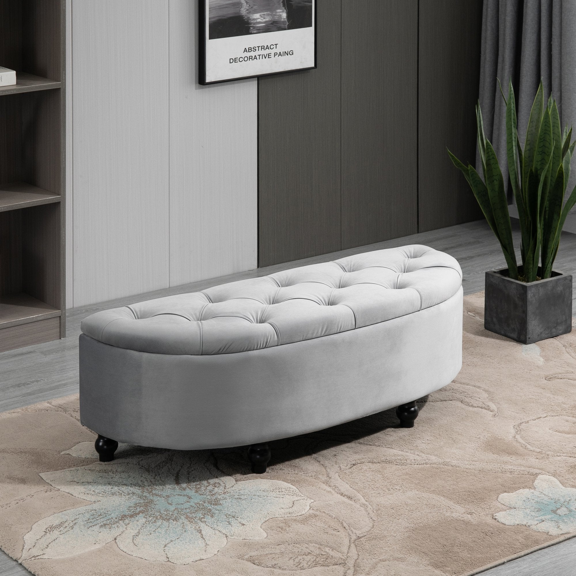 Semi-Circle Ottoman Storage Bench, Bed End Bench, Tufted Upholstered Window Seat Footrest Stool with Rubberwood Legs for Bedroom & Entryway, 120 x 46 x 42 cm, Light Grey