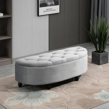Semi-Circle Ottoman Storage Bench, Bed End Bench, Tufted Upholstered Window Seat Footrest Stool with Rubberwood Legs for Bedroom & Entryway, 120 x 46 x 42 cm, Light Grey
