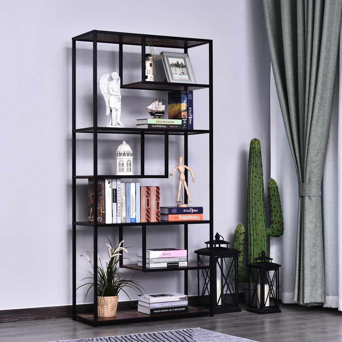 6 Tier Bookcase, Industrial Tall Shelf Unit with Steel Frame for Home Office, Study, Living Room, Hallway, 82 x 33.5 x 175 cm, Rustic Brown and Black