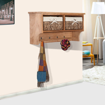Entryway Coat Rack Wall Mounted Shelf w/ 2 Corn Husk Baskets and Hooks, Brown