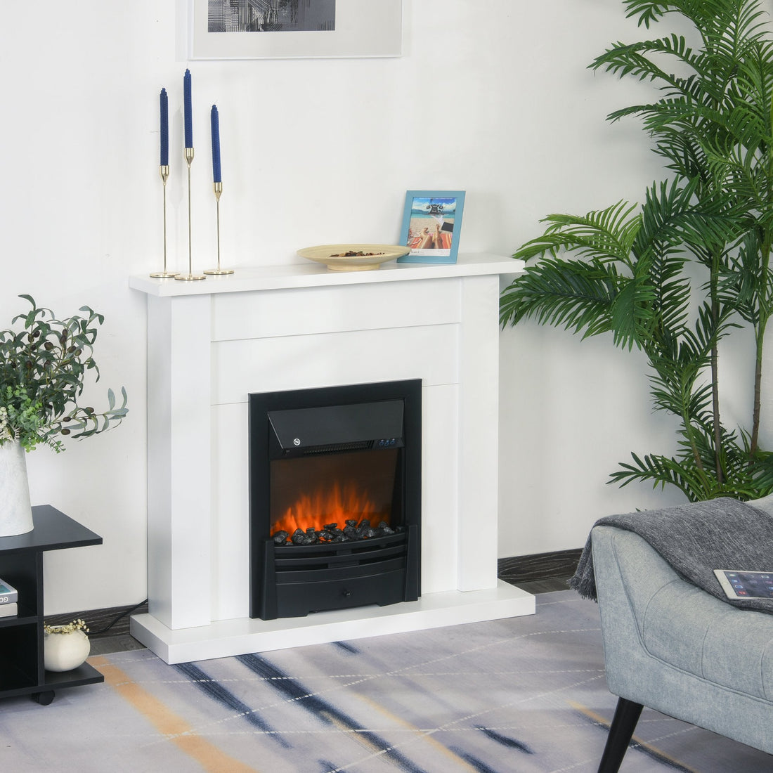 Electric Firplace Suites & Mantelpiece w/LED Flames Remote Marble Stone Modern Curved Surround Intelligent Safe Tempered Glass Adjustable Thermal 1000W/2000W