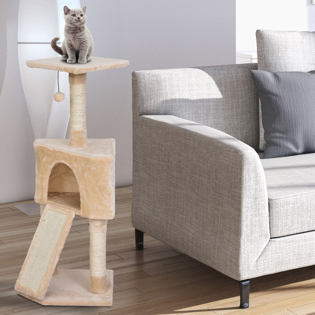 Corner Cat Tree for Indoor Cats, Kitten Tower with Scratching Post House Ladder Toy - Beige