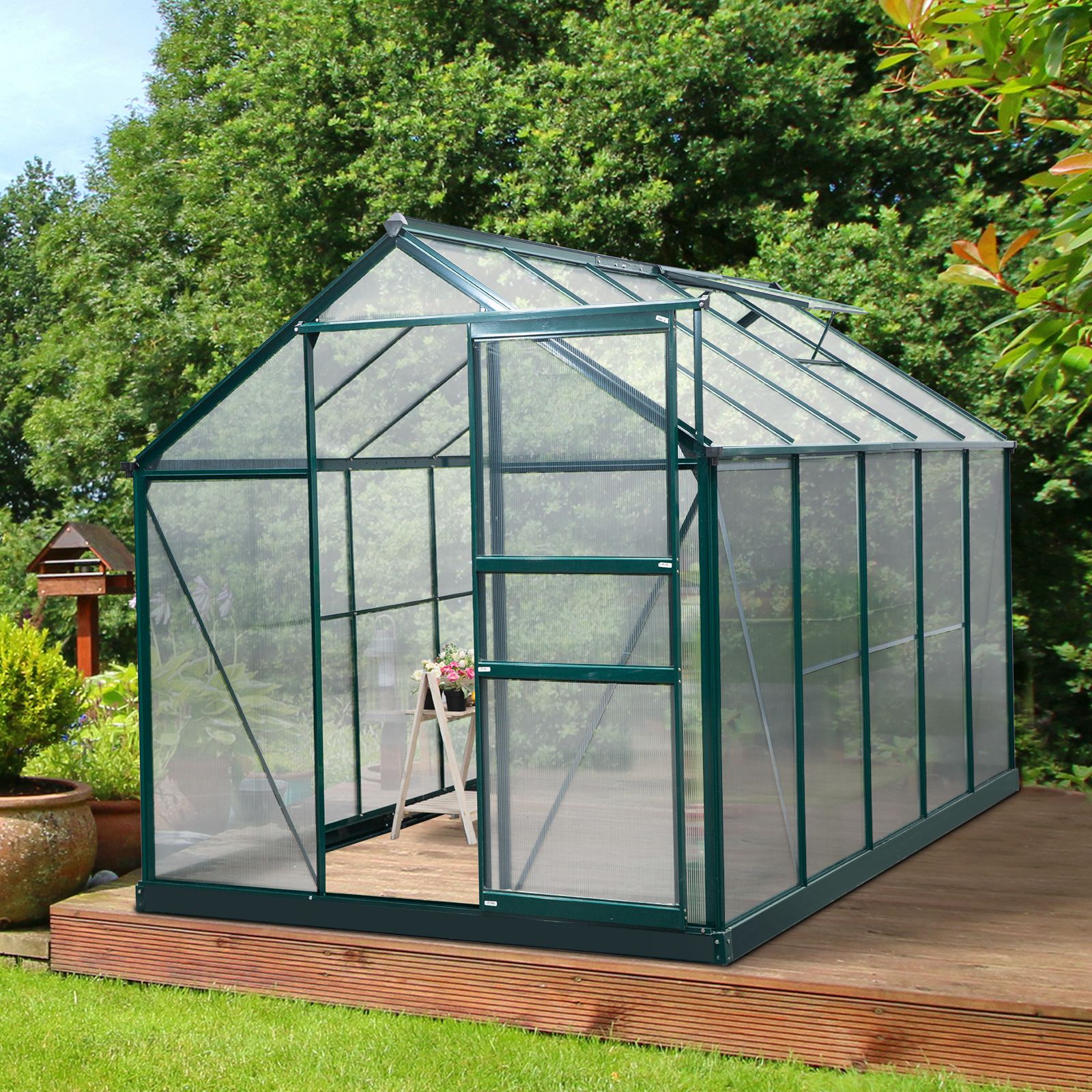 6 x 10ft Polycarbonate Greenhouse, Large Walk-In Green House with Slide Door and Window, Garden Plants Grow House with Aluminium Frame and Foundation, Dark Green