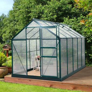 6 x 10ft Polycarbonate Greenhouse, Large Walk-In Green House with Slide Door and Window, Garden Plants Grow House with Aluminium Frame and Foundation, Dark Green