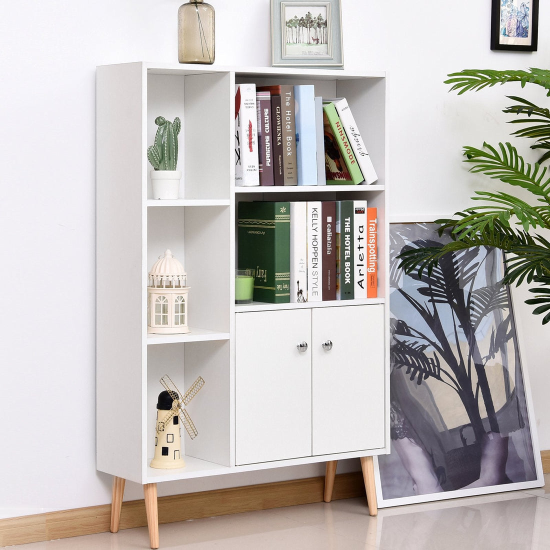 Sideboard Storage Cabinet Cupboard, Open Bookcase with 2 Doors 5 Compartments Wooden Modern Style for Living Room Bedroom Kitchen 80 x 23 x 123 cm, White