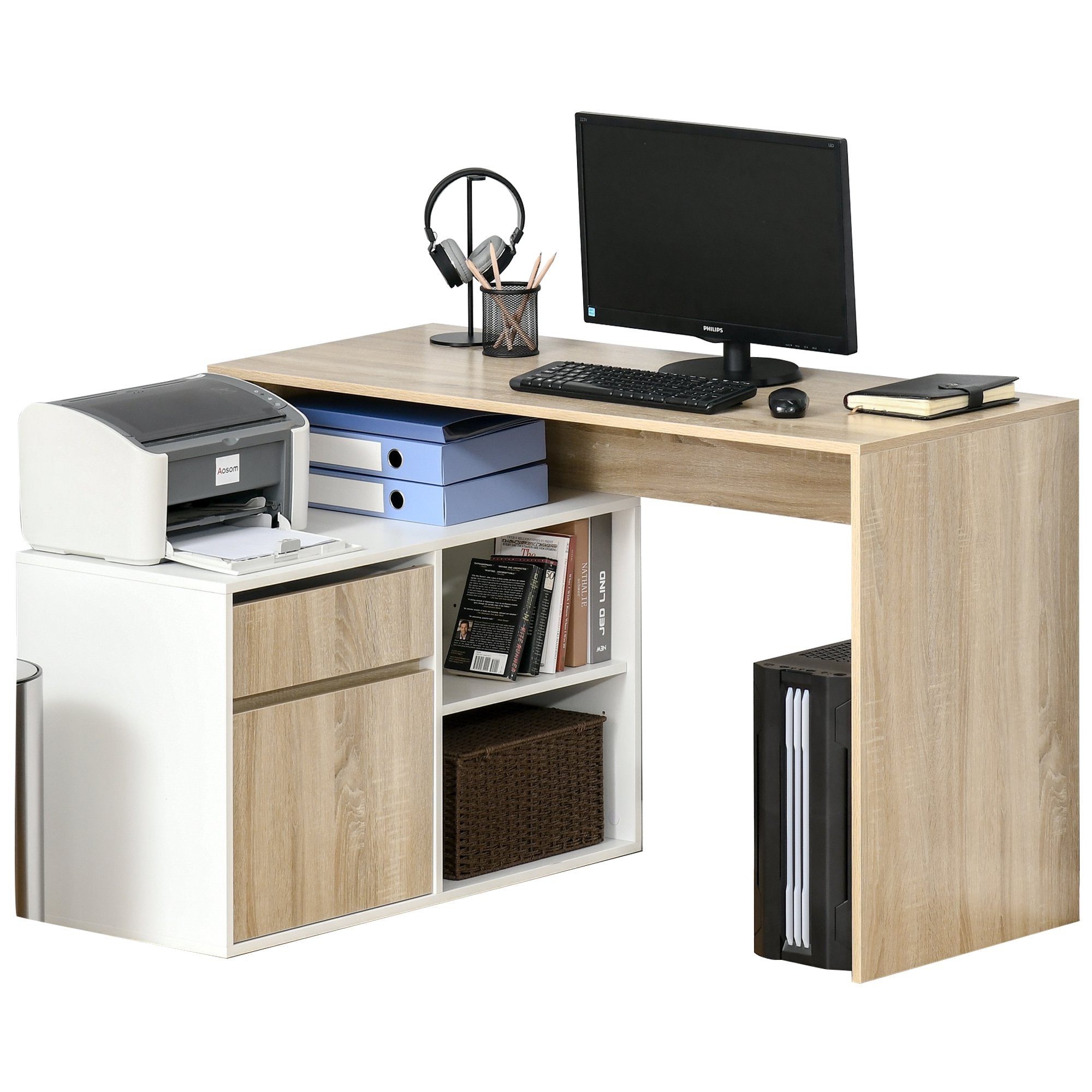 L-Shaped Desk, Corner Computer Desk with Storage Drawer, Adjustable Shelf, Cabinet for Home Office and Study, 120 x 92 x 75cm, Oak and White
