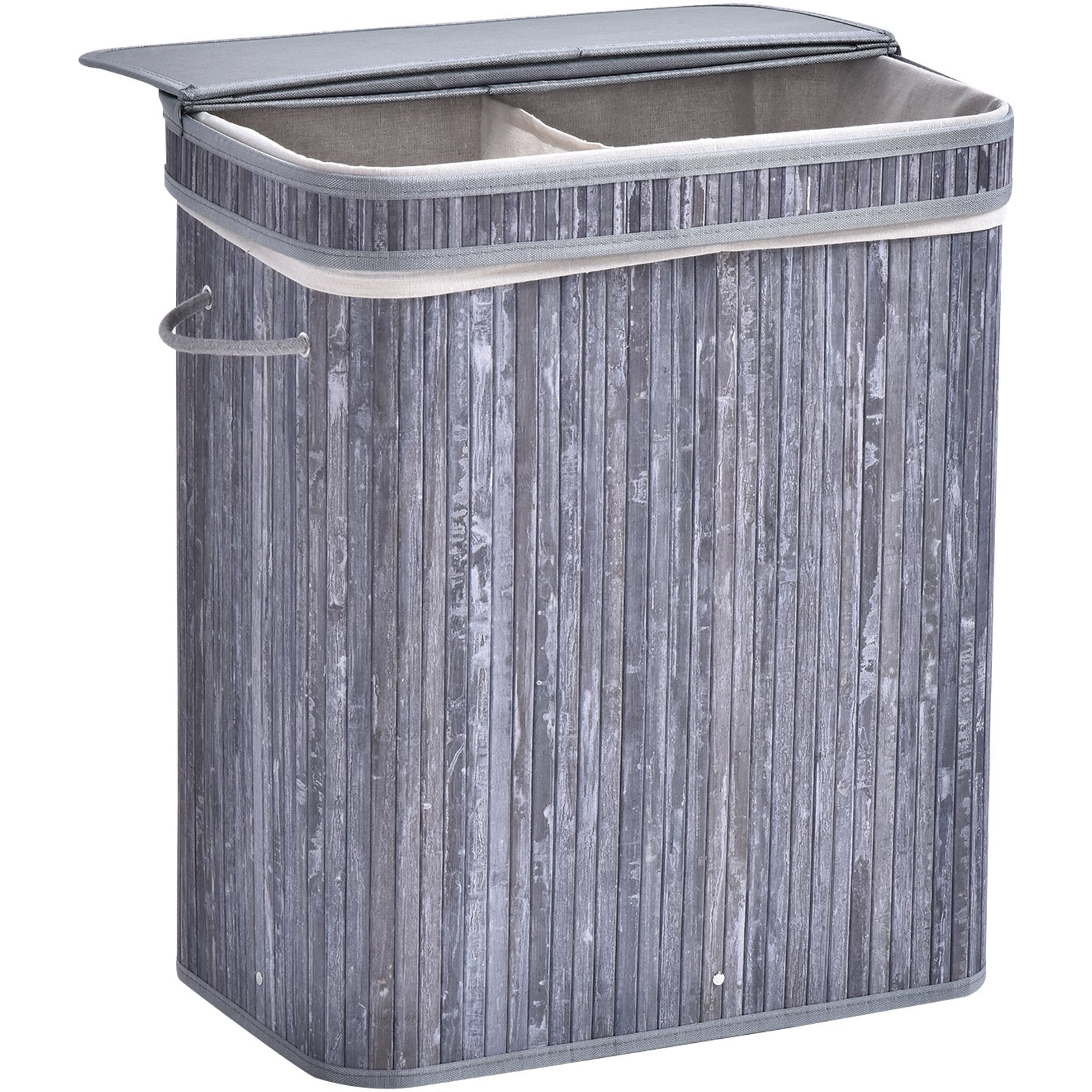 100L Wooden Laundry Basket w/ Split Compartment Lid Removable Lining Handles Air Holes Ventilation Foldable Durable Water-Resistant Dirty Clothes Storage Home Organisation Grey
