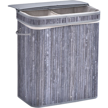 100L Wooden Laundry Basket w/ Split Compartment Lid Removable Lining Handles Air Holes Ventilation Foldable Durable Water-Resistant Dirty Clothes Storage Home Organisation Grey
