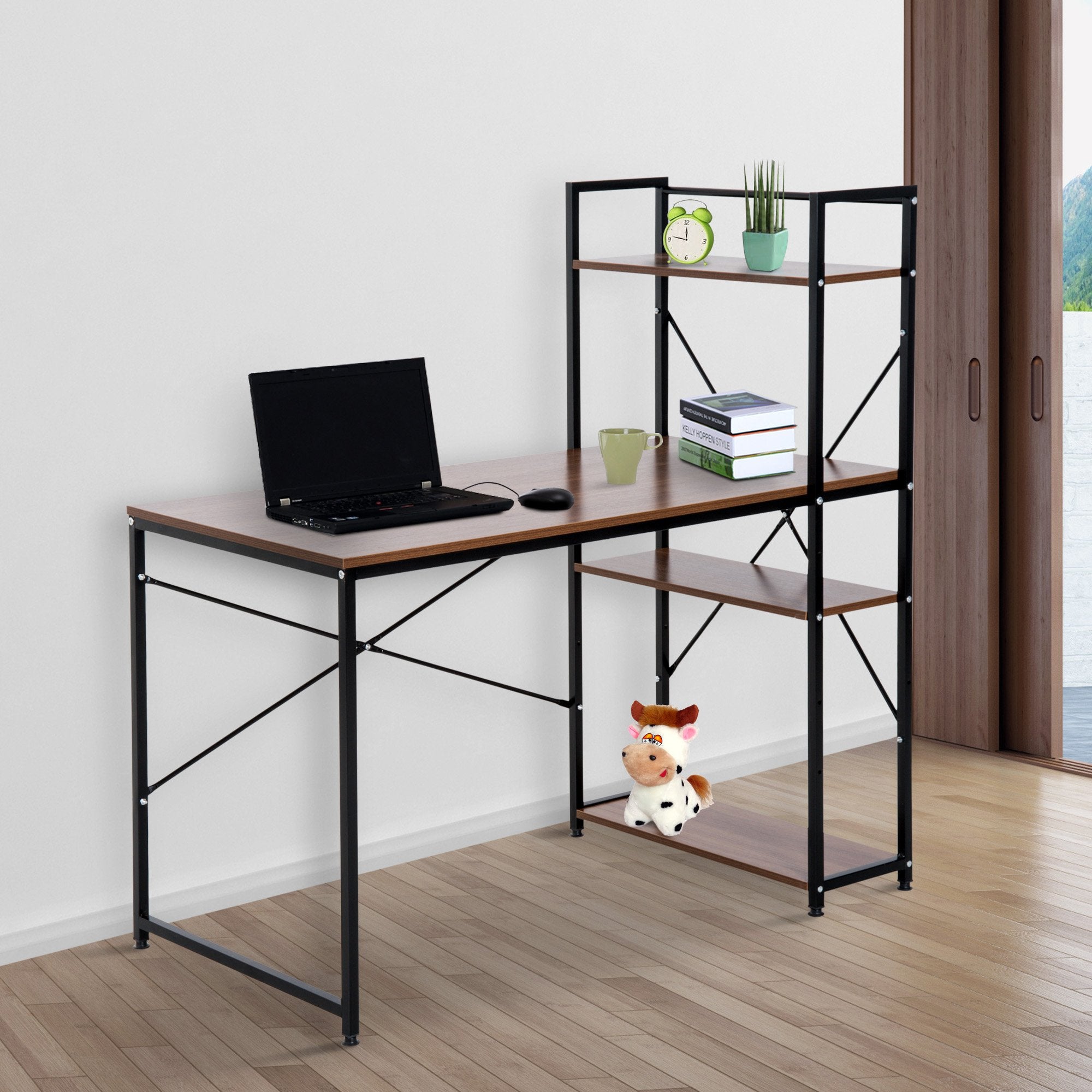 Computer Desk with Storage Shelves on Left or Right, Industrial Reversible Writing Desk for Home Office, Study, Easy Assembly, 120 x 64 x 121cm, Walnut and Black
