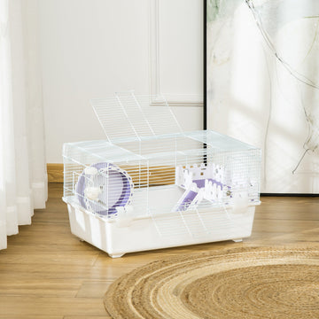 2 Tier Hamster Cage, Gerbil Cage with Exercise Wheel, Water Bottle, Ladder, White