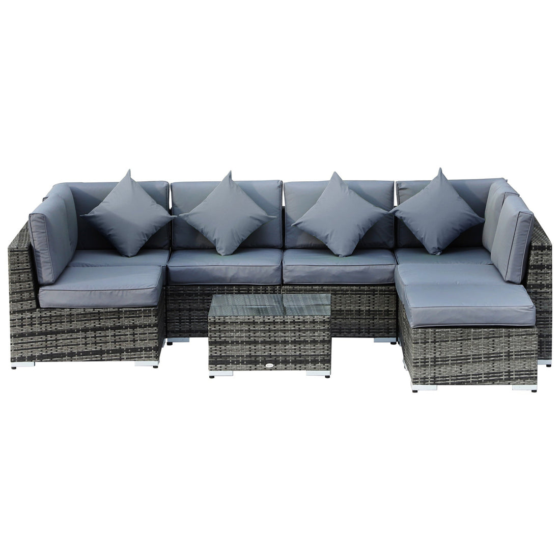8 Pieces PE Rattan Corner Sofa Set with Thick Cushions, Aluminium Outdoor Rattan Garden Furniture Set with Glass Top Table, No Assembly Required, Grey