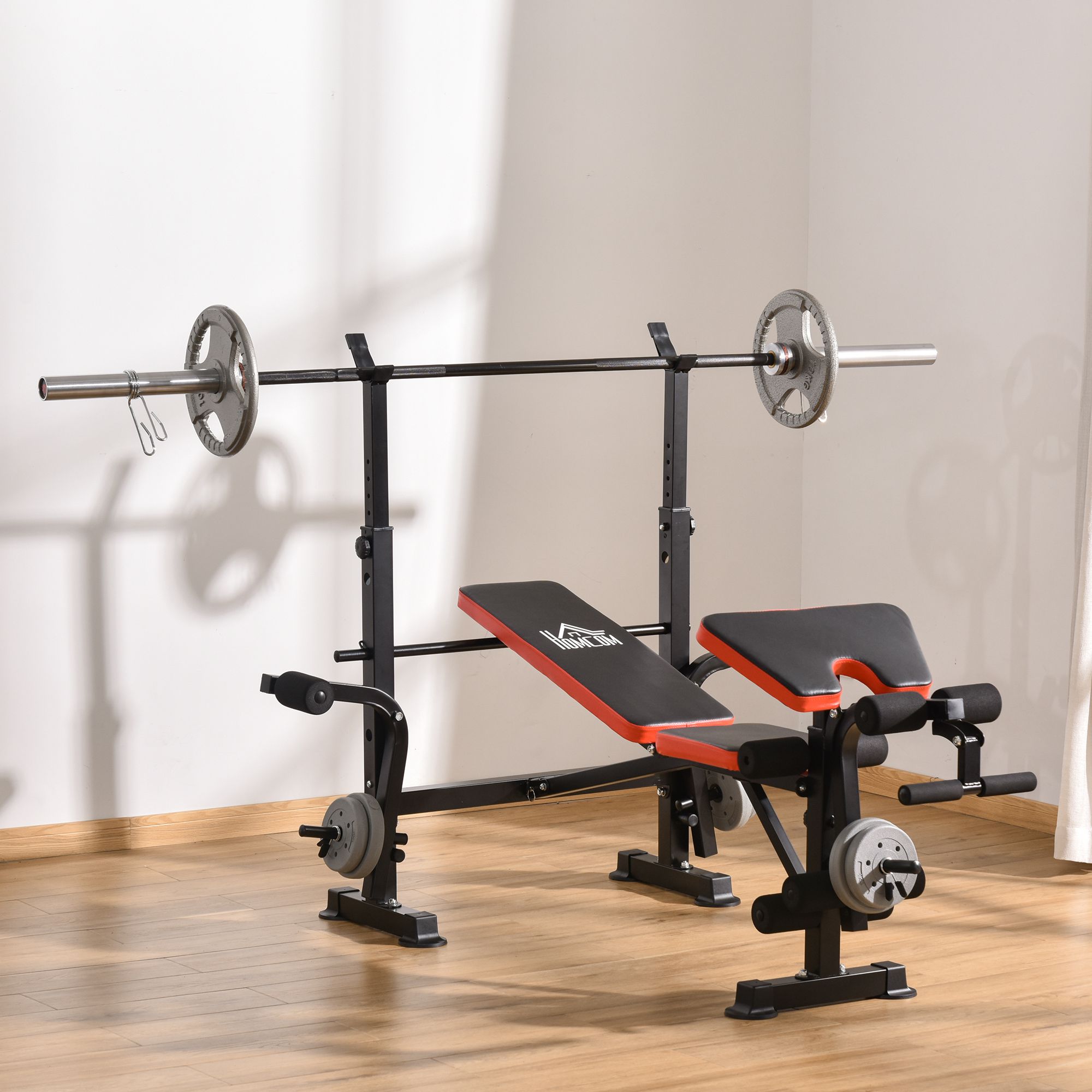Adjustable Weight Bench with Leg Developer Barbell Rack for Weight Lifting and Strength Training Multifunctional Workout Station for Home Gym Fitness, Red