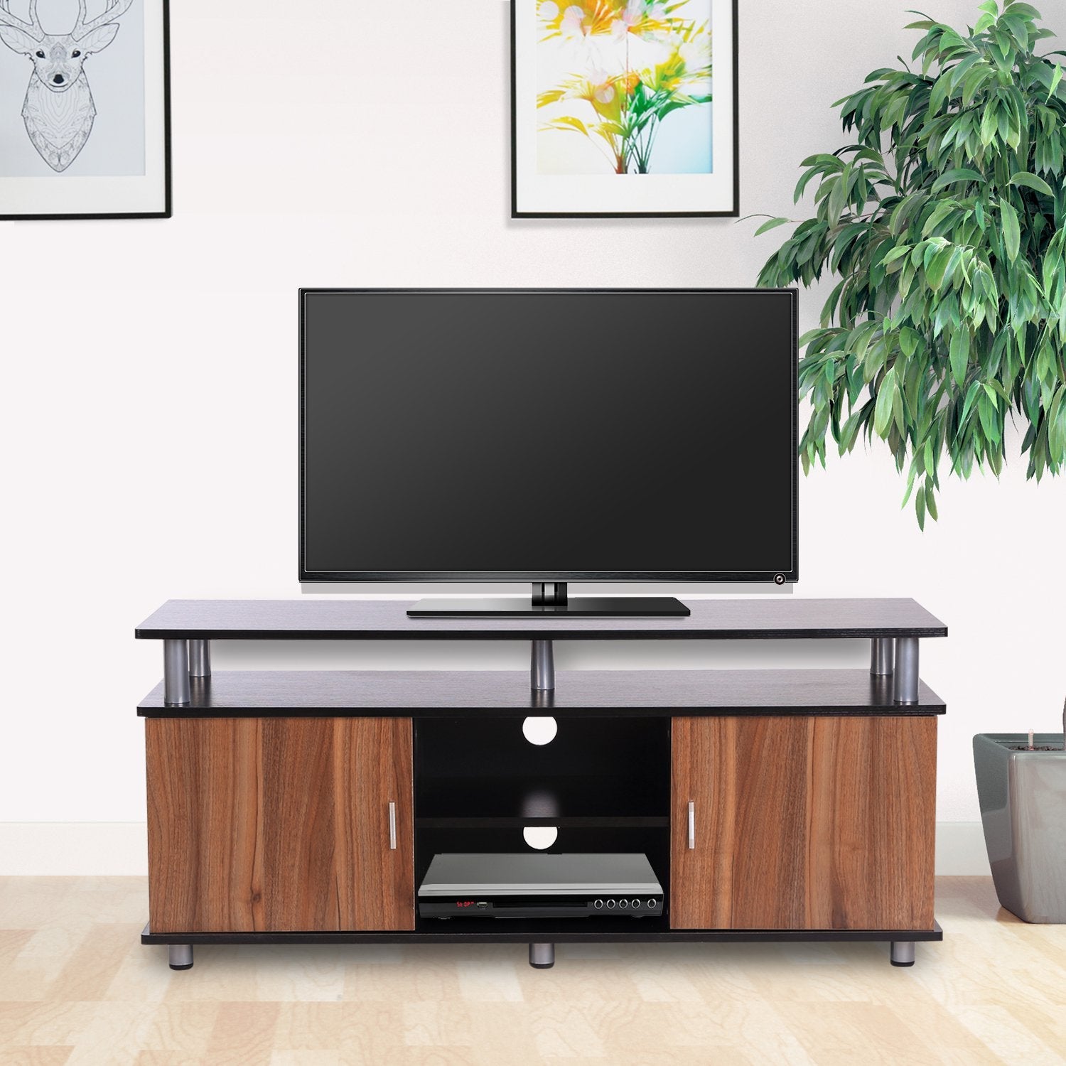 TV Cabinet Unit for TVs up to 50'' with Storage Shelf and Cupboards, Living Room Entertainment Center Media Console, Black and Walnut