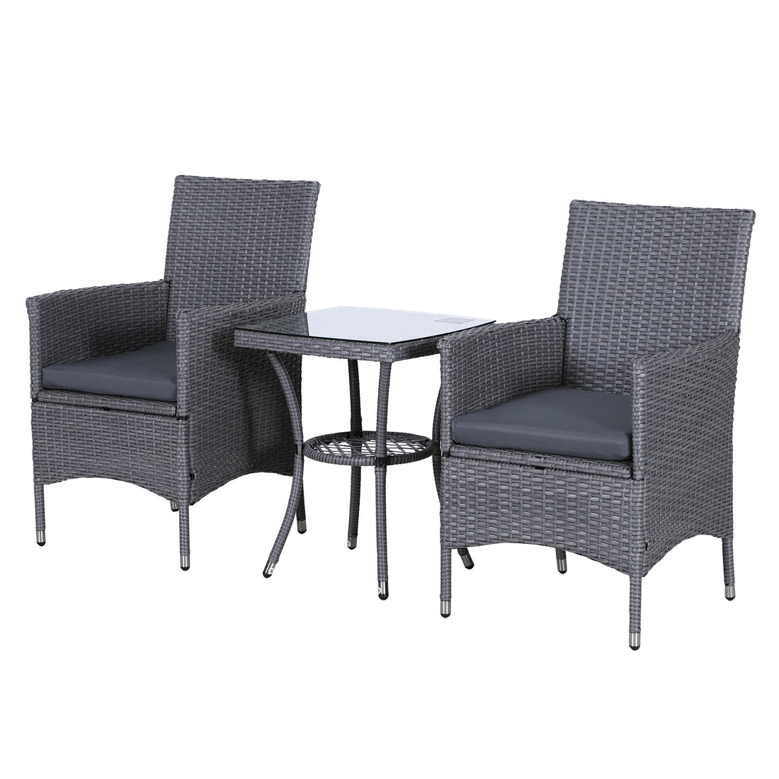 3 Pieces Rattan Bistro Set, Wicker Garden Furniture Set with 2-Tier Coffee Table and Chairs, Washable Cushions, for Outdoor Patio Balcony, Grey