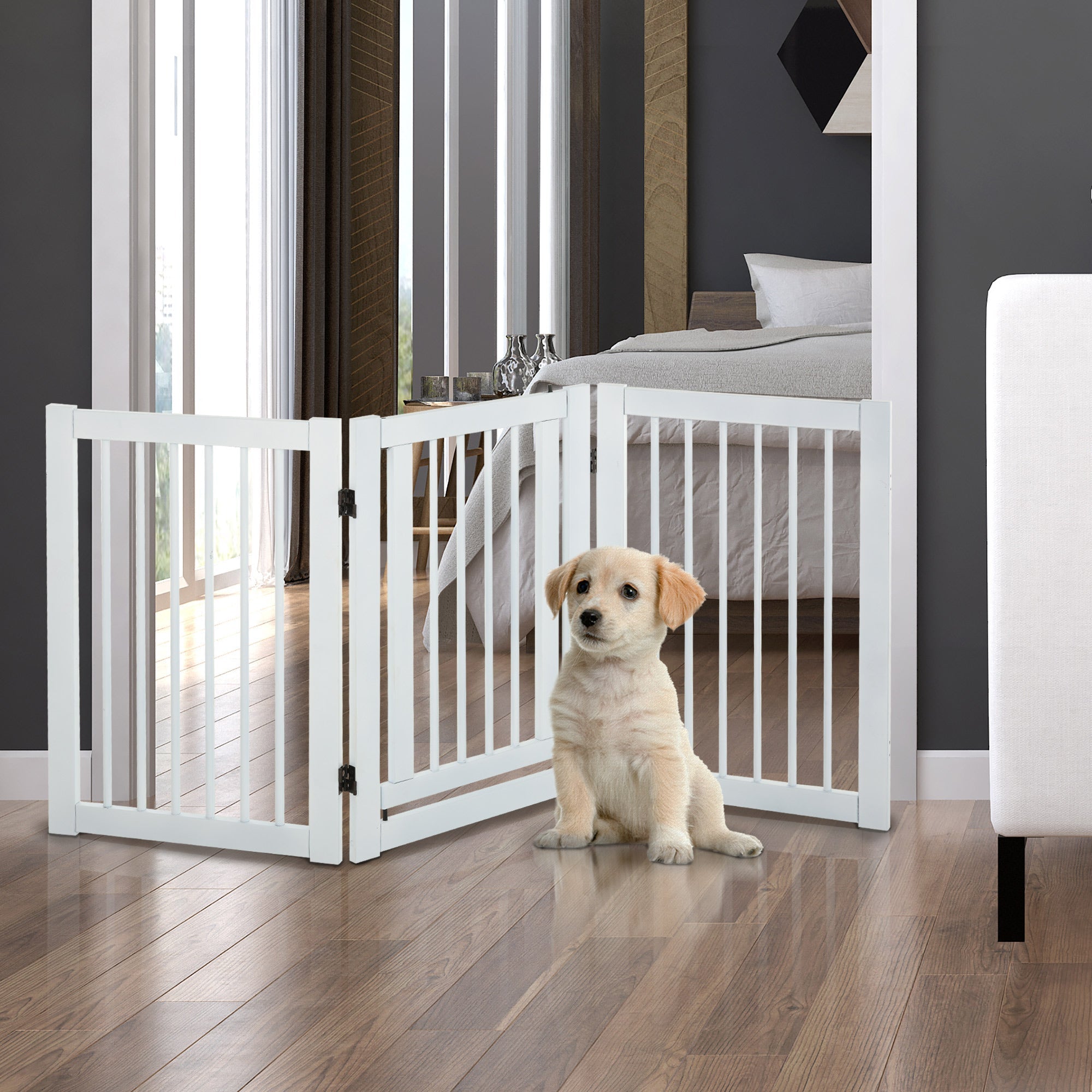 Pet Gates MDF Freestanding Expandable Dog Gate Wood Doorway Pet Barrier Fence w/ Latched Door White
