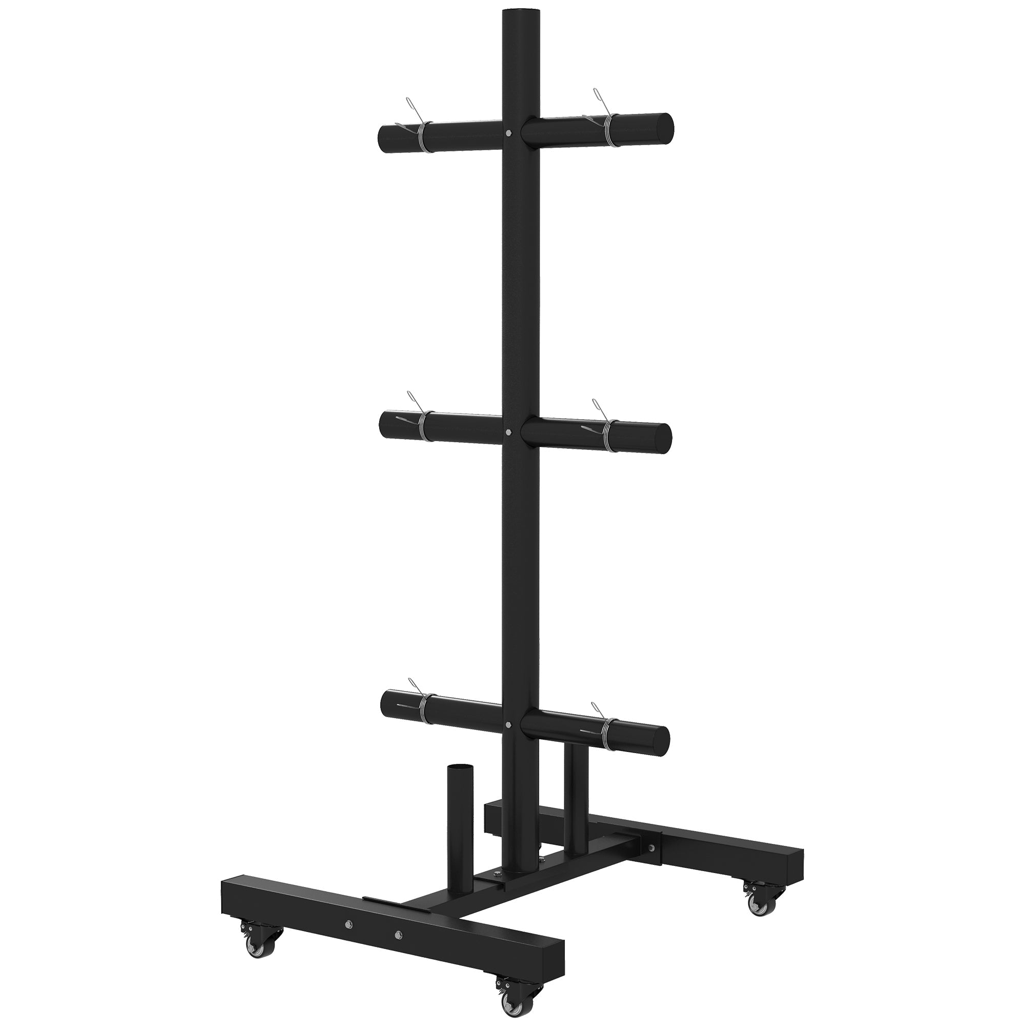 SPORTNOW Weight Rack for Olympic Weight Plate, 3 Tier Weight Tree for 2 inch Plates and Bars, Weight Organiser Stand with 4 Transport Wheels and Clamps for Home Gym, Max Load 200kg, Black