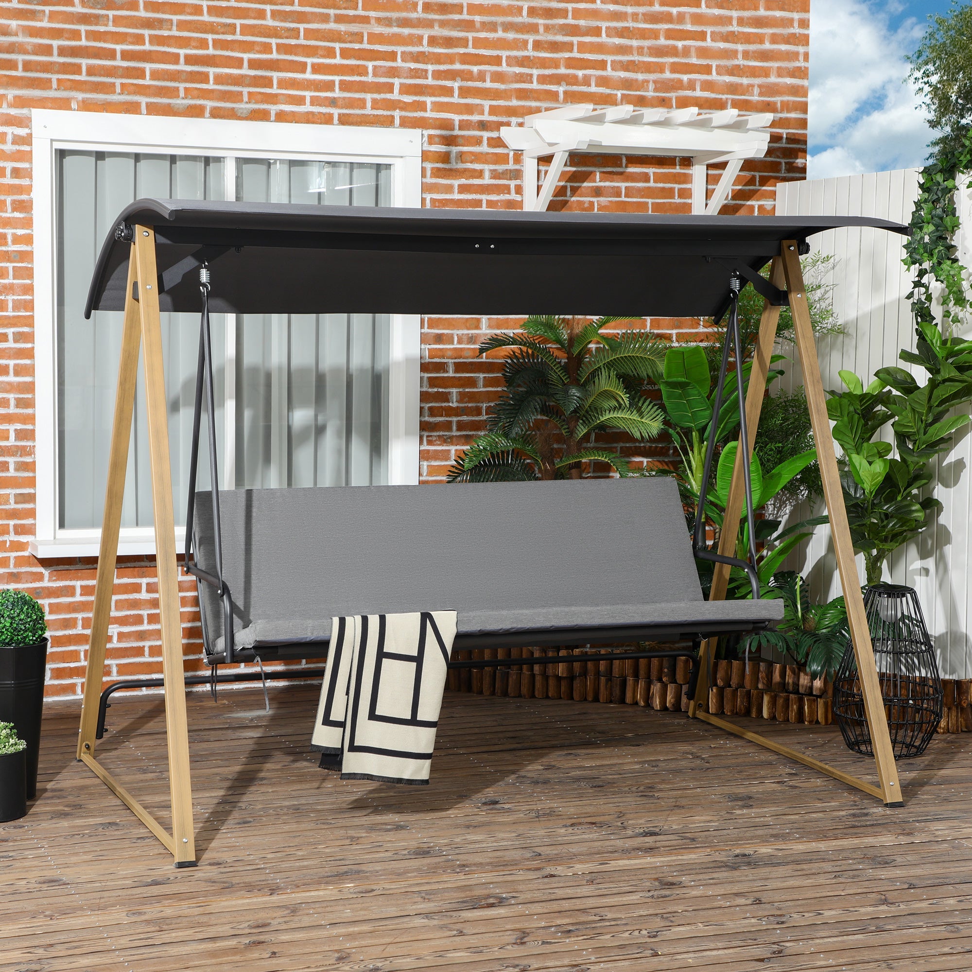 3 Seater Swing Chair, Garden Swing Bench with Adjustable Canopy, Cushioned Seat and Weather Resistant Steel Frame for Patio, Yard