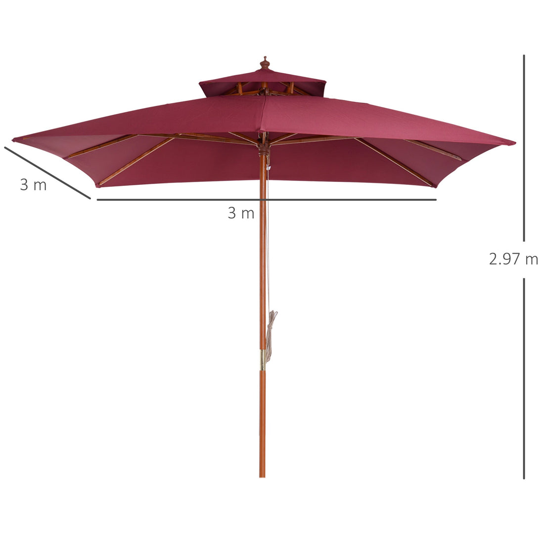 3 x 3(M) Garden Parasol Umbrella Sunshade, Outdoor Wooden Parasol with Double Tier Canopy, Wine Red