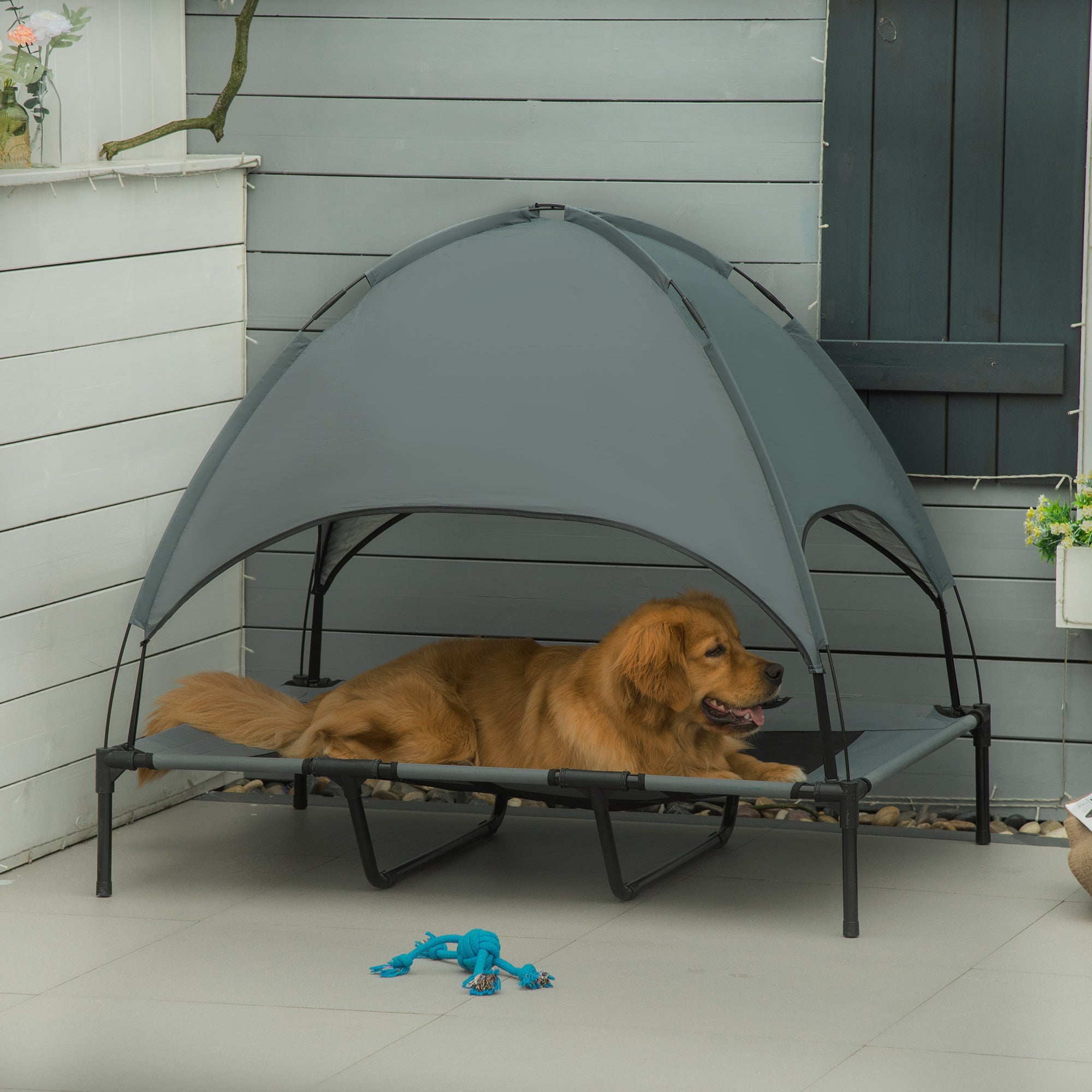 Raised Dog Bed Waterproof Elevated Pet Cot with Breathable Mesh UV Protection Canopy Grey, for XL Dogs, 122 x 92 x 108cm