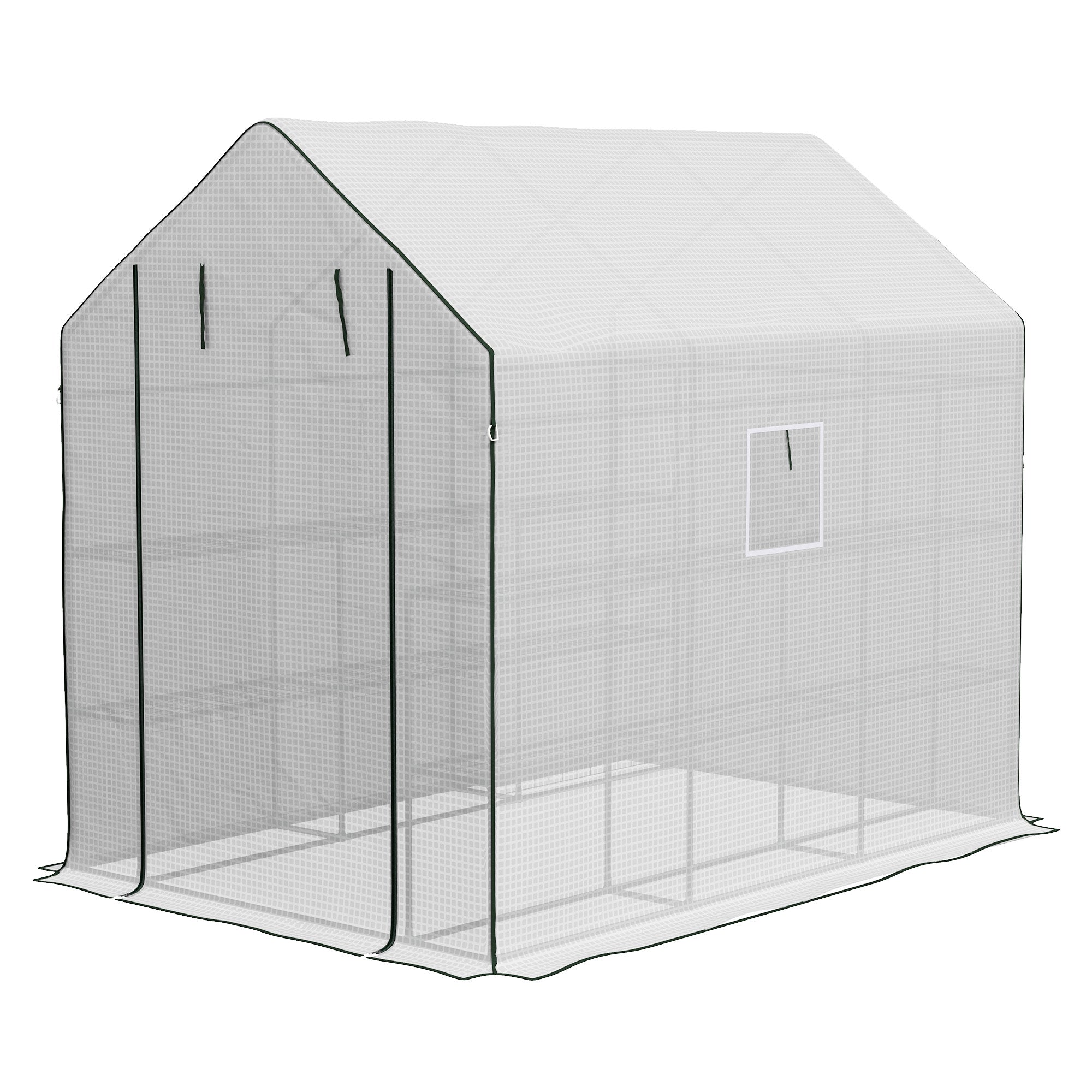 Walk-in Greenhouse with 3 Tier 12 Shelves, Small Greenhouse with Reinforced PE Cover, Garden Plant Growhouse with Roll-up Door and Three Mesh Windows, 140 x 213 x 190 cm, White