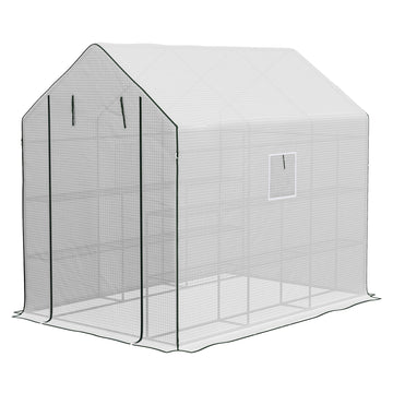 Walk-in Greenhouse with 3 Tier 12 Shelves, Small Greenhouse with Reinforced PE Cover, Garden Plant Growhouse with Roll-up Door and Three Mesh Windows, 140 x 213 x 190 cm, White