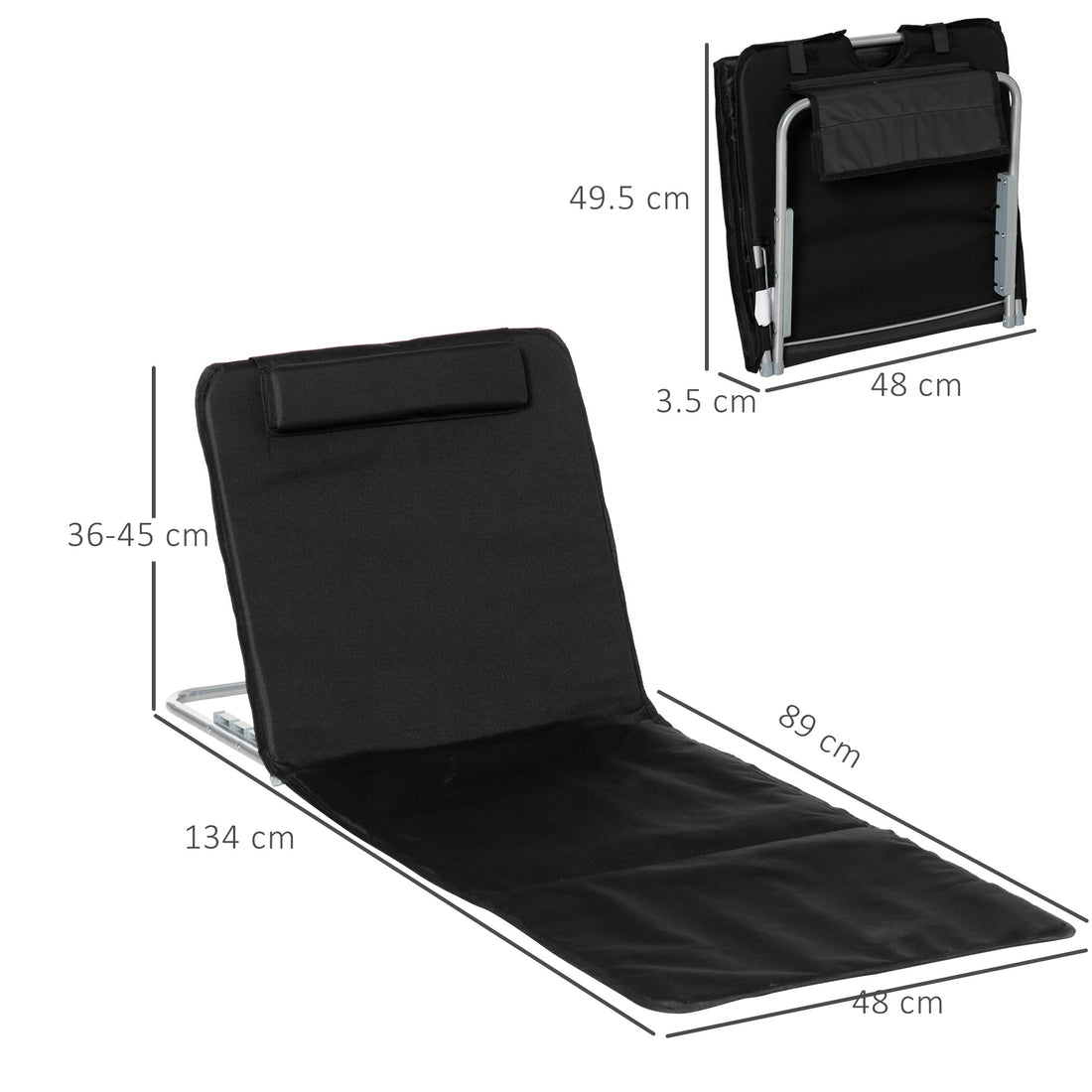 Set of 2 Foldable Garden Beach Chair Mat Lightweight Outdoor Sun Lounger Seats Adjustable Back Metal Frame PE Fabric Head Pillow w/ Carry Bag, Black