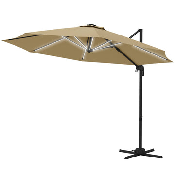 3(m) Adjustable Cantilever Parasol with Base, Solar LED Lights, Khaki