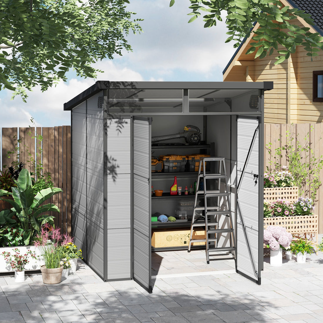 6 x 6ft Outdoor Storage Shed, Plastic Garden Shed with Windows and Air Vents, Outdoor Resin Tool Shed with Latch Doors for Garden, Deck, Light Grey