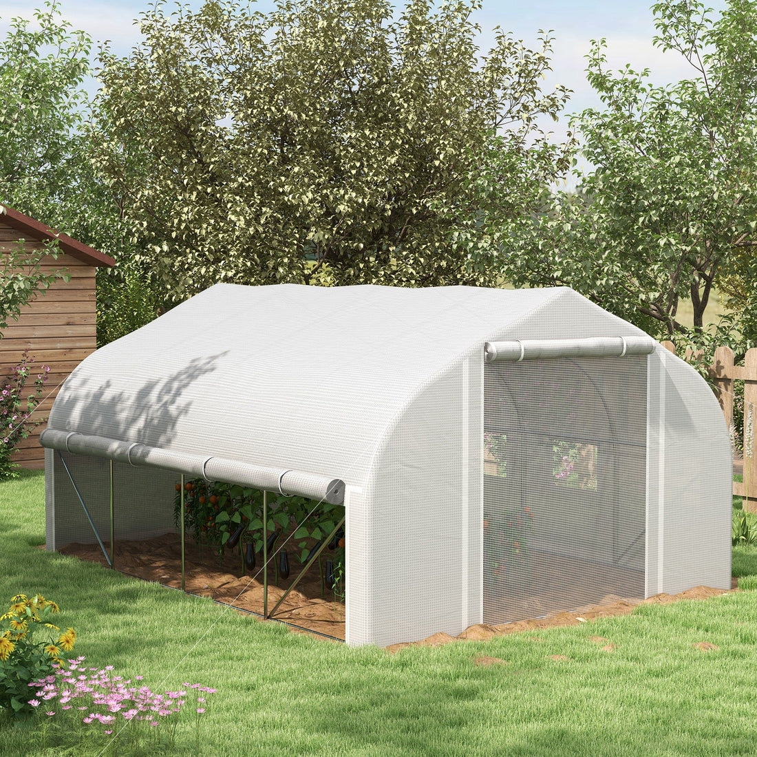 4 x 3(m) Walk-in Polytunnel Greenhouse, Zipped Roll Up Sidewalls, Mesh Door, 8 Mesh Windows, Tunnel Warm House Tent with PE Cover, Complimentary Plant Labels and Gloves, White