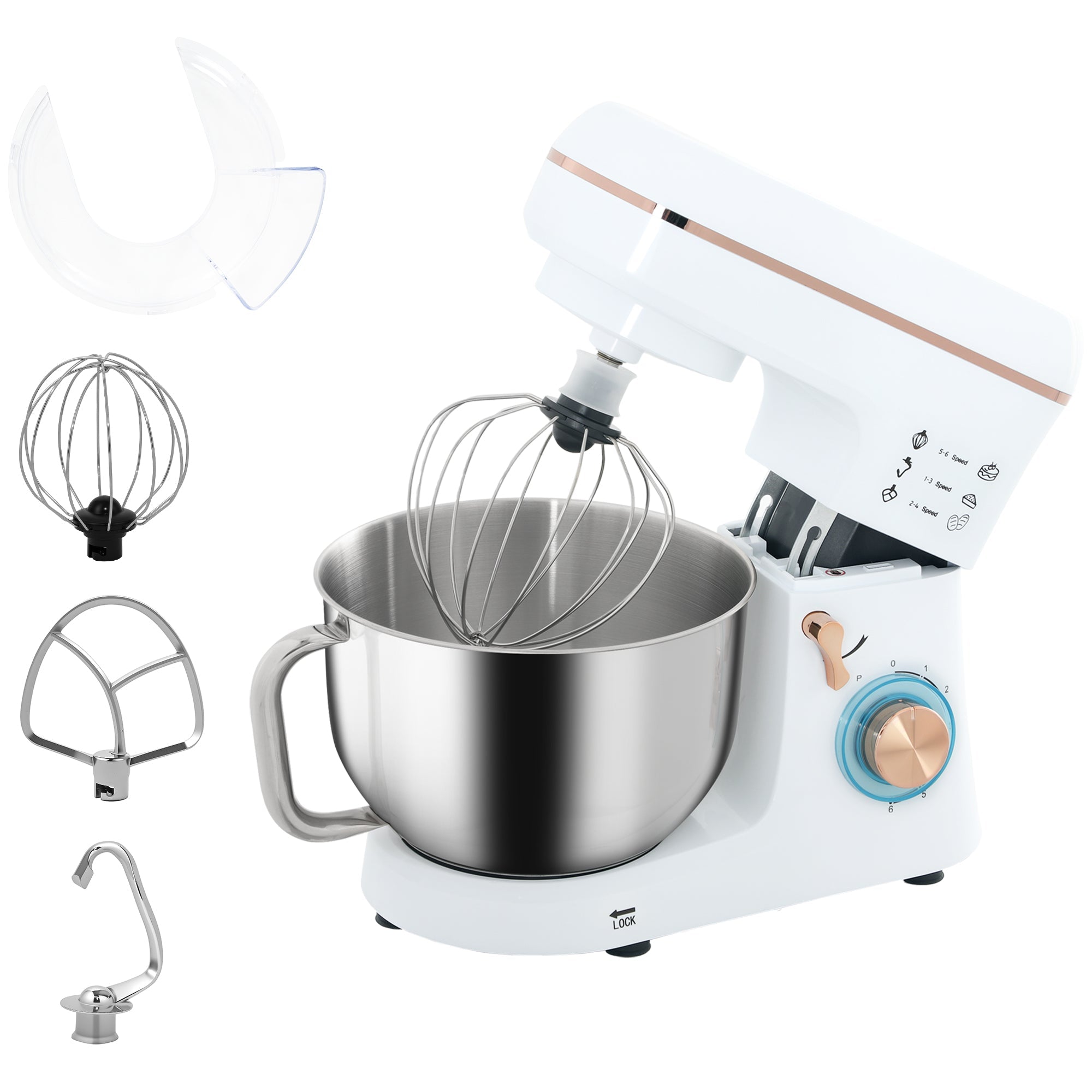 Stand Mixer, 5L Food Mixer for Baking, 6 Speeds and Pulse Setting, 1400W Cake Electric Kitchen Mixer with Dough Hook, Whisk, Stainless Steel Bowl, Splash Guard, Beater, White