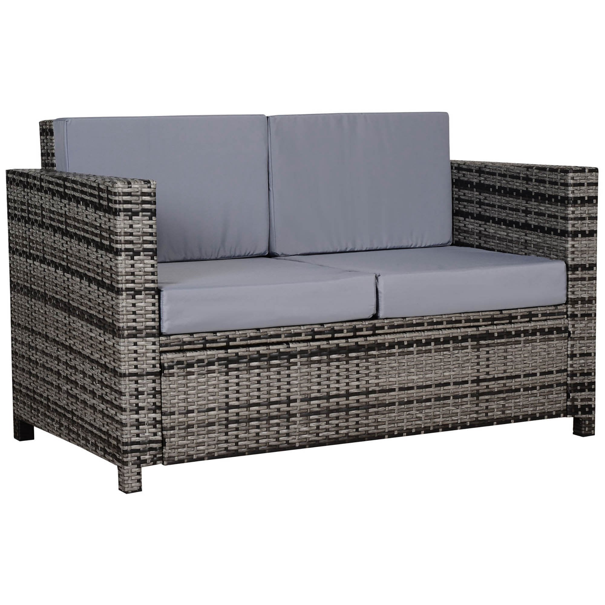 Rattan Sofa, 2 Seater Garden Furniture with Soft Padded Cushion and Armrests, Wicker Garden Loveseat for Patio, Mixed Grey