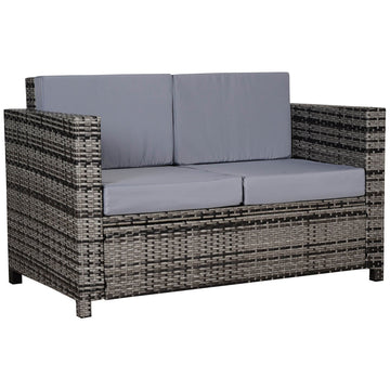 Rattan Sofa, 2 Seater Garden Furniture with Soft Padded Cushion and Armrests, Wicker Garden Loveseat for Patio, Mixed Grey
