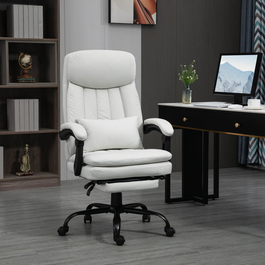 Office Chair, Ergonomic Desk Chair with 6-Point Vibration Massage and Lumbar Heating, Computer Chair with Lumbar Support Pillow, 155° Reclining Back and Footrest, Cream White