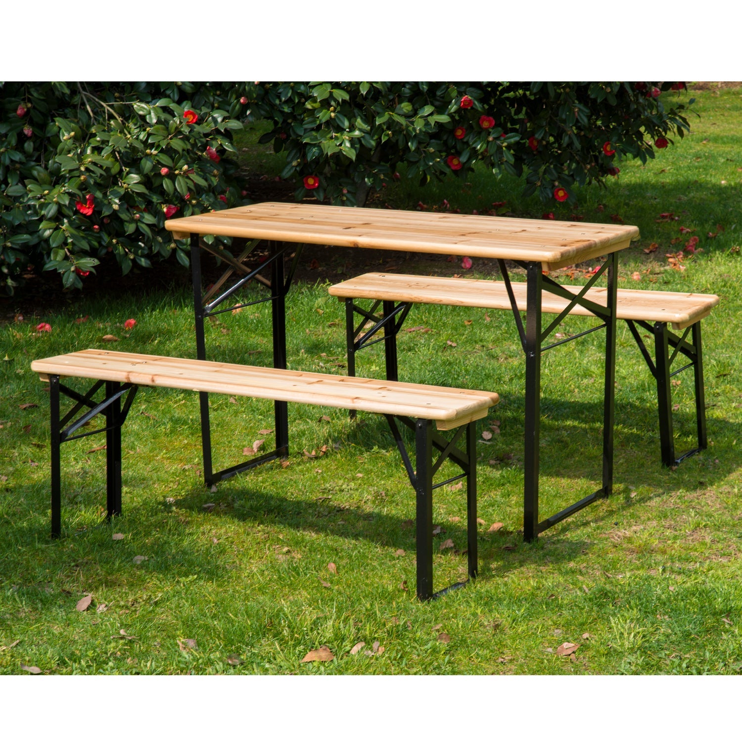 Portable Folding Camping Picnic Trestle Beer Table and Bench Set Garden BBQ Chairs Stools Wooden Wood (120cm(L) x 25cm(W) x 46cm(H))