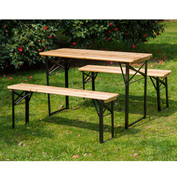 Portable Folding Camping Picnic Trestle Beer Table and Bench Set Garden BBQ Chairs Stools Wooden Wood (120cm(L) x 25cm(W) x 46cm(H))