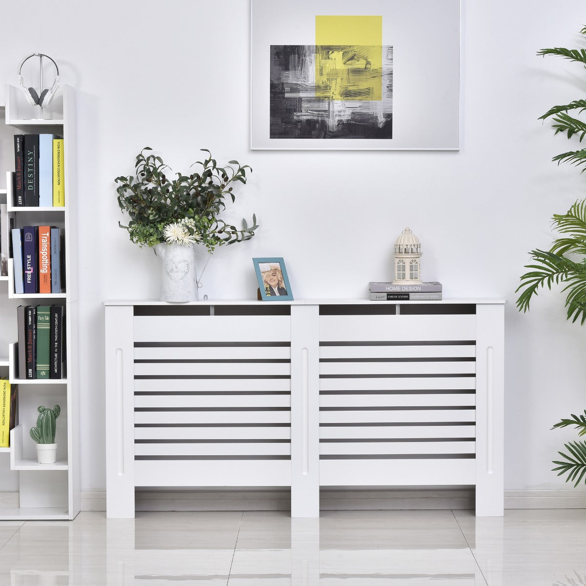 Radiator Cover, Modern MDF White Painted Cabinet with Horizontal Slats for Living Room, Bedroom, 152L x 19W x 81H cm