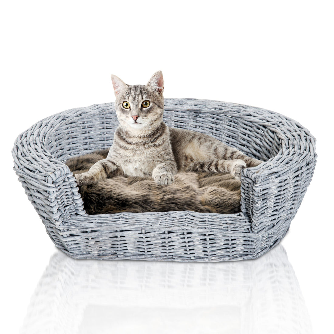 Wicker Pet Bed Willow Dog Cat Sofa Couch Puppy Basket with Cushion Grey 57L x 46W x 17.5H cm