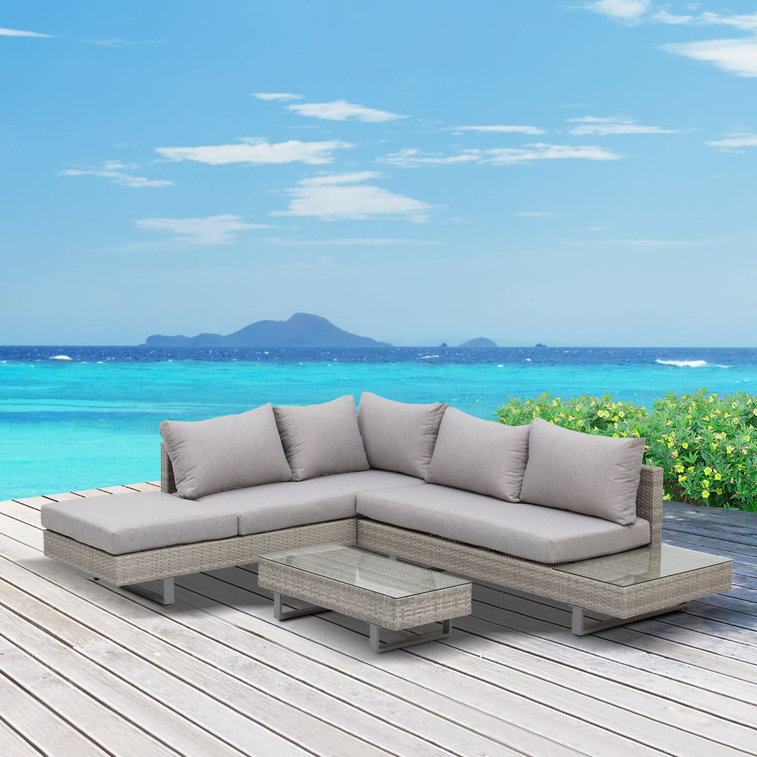 Three-Piece Corner Rattan Set, with Glass Tables
