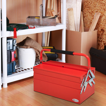 Metal Tool Box 3 Tier 5 Tray Professional Portable Storage Cabinet Workshop Cantilever Toolbox with Carry Handle, 45cmx20cmx34.5cm, Red