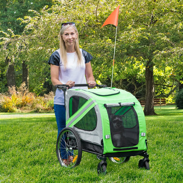 2-In-1 Dog Bike Trailer Pet Stroller Pushchair with Universal Wheel Reflector Flag Green