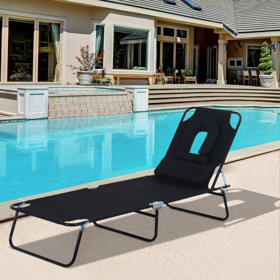 Outdoor Folding Sun Lounger with Face Hole, 4 Level Adjustable Backrest Reclining Garden Lounger, Garden Recliner Sunbed with 600 D Oxford Cloth Seat and Pillow for Beach, Black