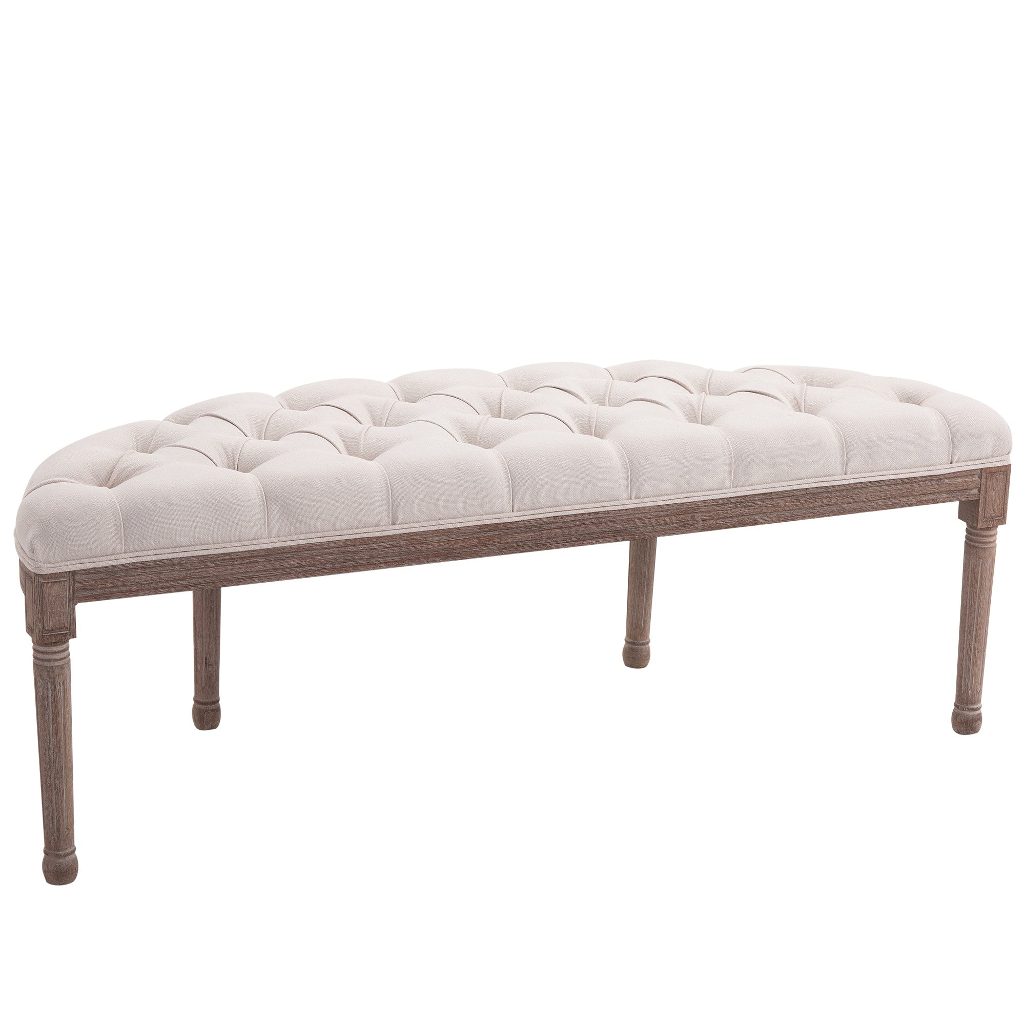 Half-Circle End Bench Ottoman Footstool Tufting Padded Seat Brushed Wood Base Antique Accents Home Seat Furniture Cream White and Light Wood Grain Leg