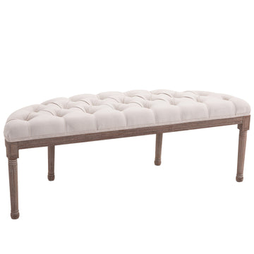 Half-Circle End Bench Ottoman Footstool Tufting Padded Seat Brushed Wood Base Antique Accents Home Seat Furniture Cream White and Light Wood Grain Leg