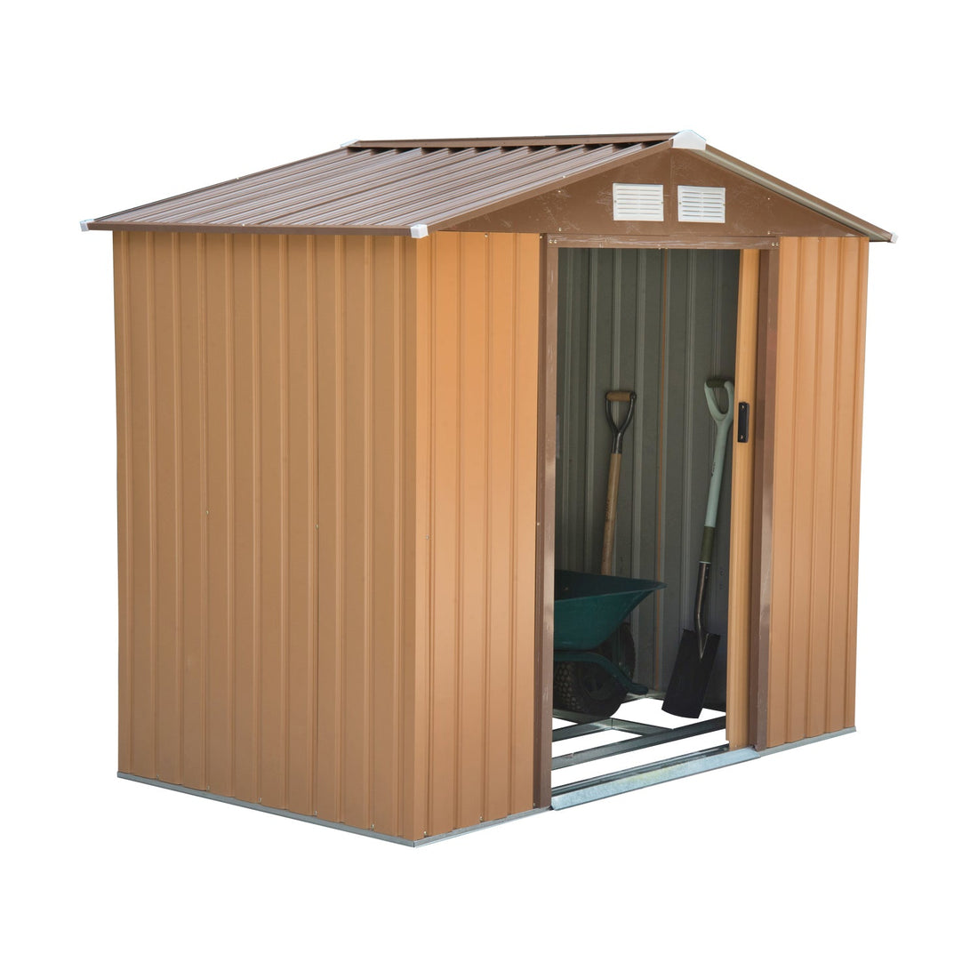 7 x 4ft Lockable Metal Garden Tool Storage Shed, Outdoor Storage Shed with Foundation and vents, Light Brown