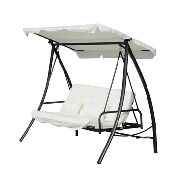 3 Seater Swing Chair 2-in-1 Hammock Bed Patio Garden Swing Seat Bed with Adjustable Canopy and Cushions, Cream