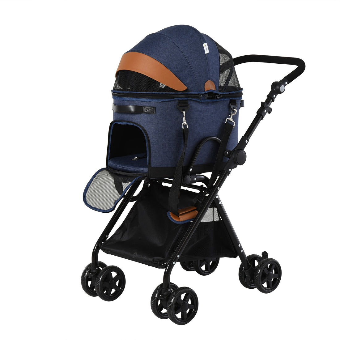 Pet Stroller, 2 in 1 Dog Carrier Foldable Cat Pushchair with 4 Wheels, Adjustable Canopy, Safety Leashes, Storage Basket for Miniature Small Dogs, Blue