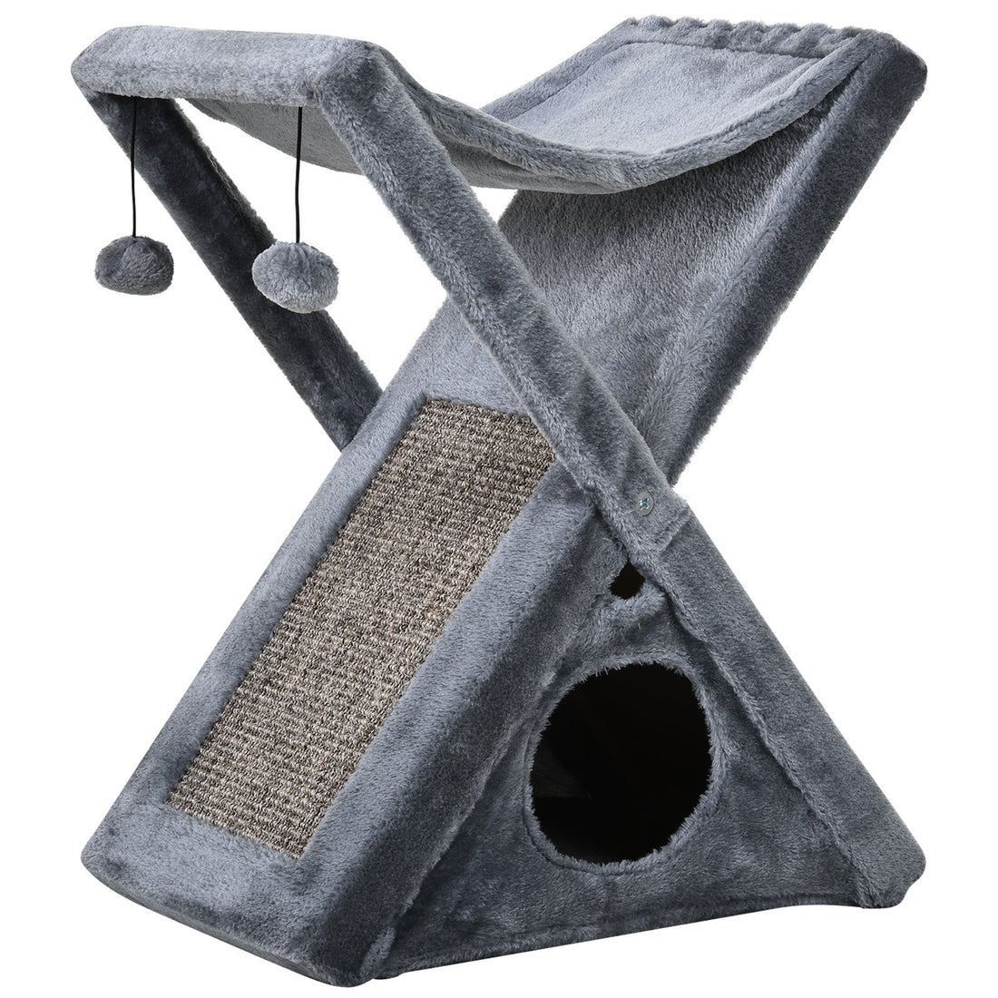 Two Tier Cat Tree for Indoor Cats Play Rest Activity Tower Plush Folding Relax Center w/ Scratching Post Hammock Pom Poms Grey